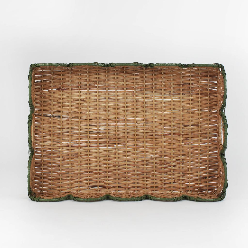 Scalloped Hand-Painted Rattan Tray - Green