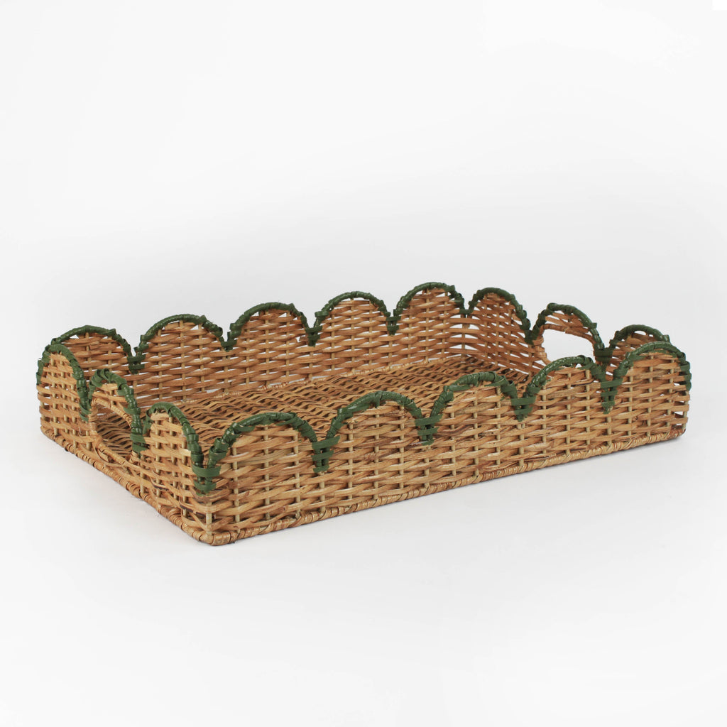 Scalloped Hand-Painted Rattan Tray - Green