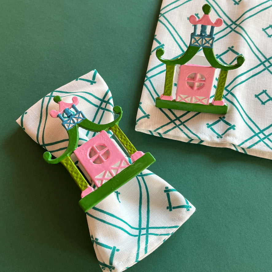 Pagoda Hand-Painted Metal Chinoiserie Napkin Rings, Set of 4