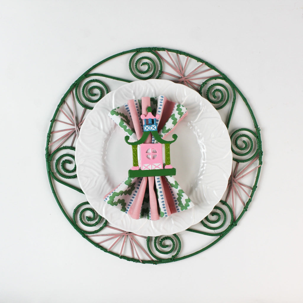 Pagoda Hand-Painted Metal Chinoiserie Napkin Rings, Set of 4