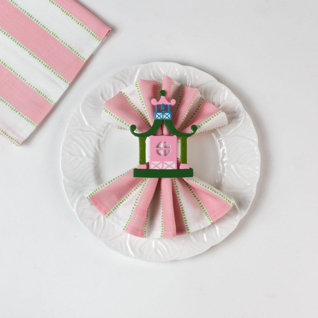 Pagoda Hand-Painted Metal Chinoiserie Napkin Rings, Set of 4