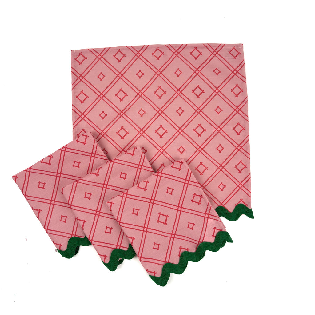 Island House Red Trellis Cloth Dinner Napkins with Ric Rac, Set of 4