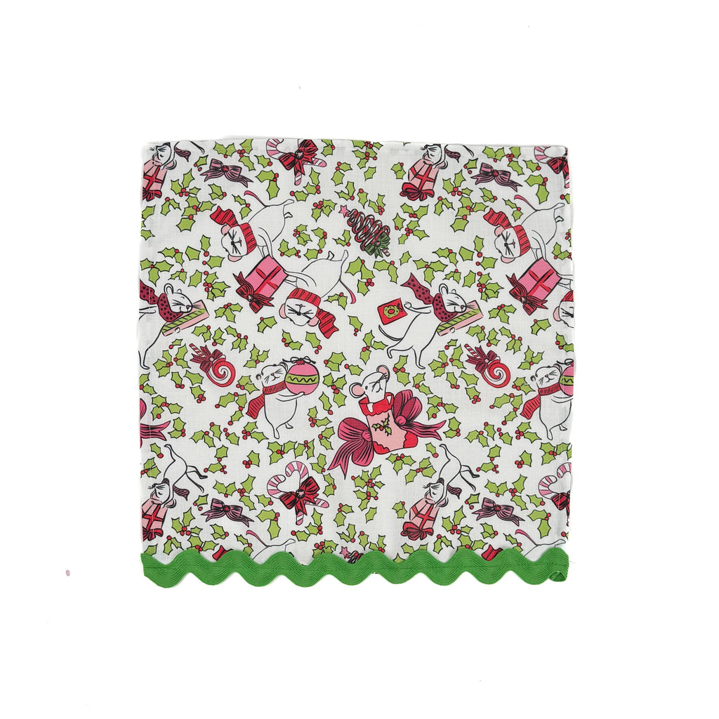 Christmas Mice Cloth Dinner Napkins with Ric Rac, Set of 4