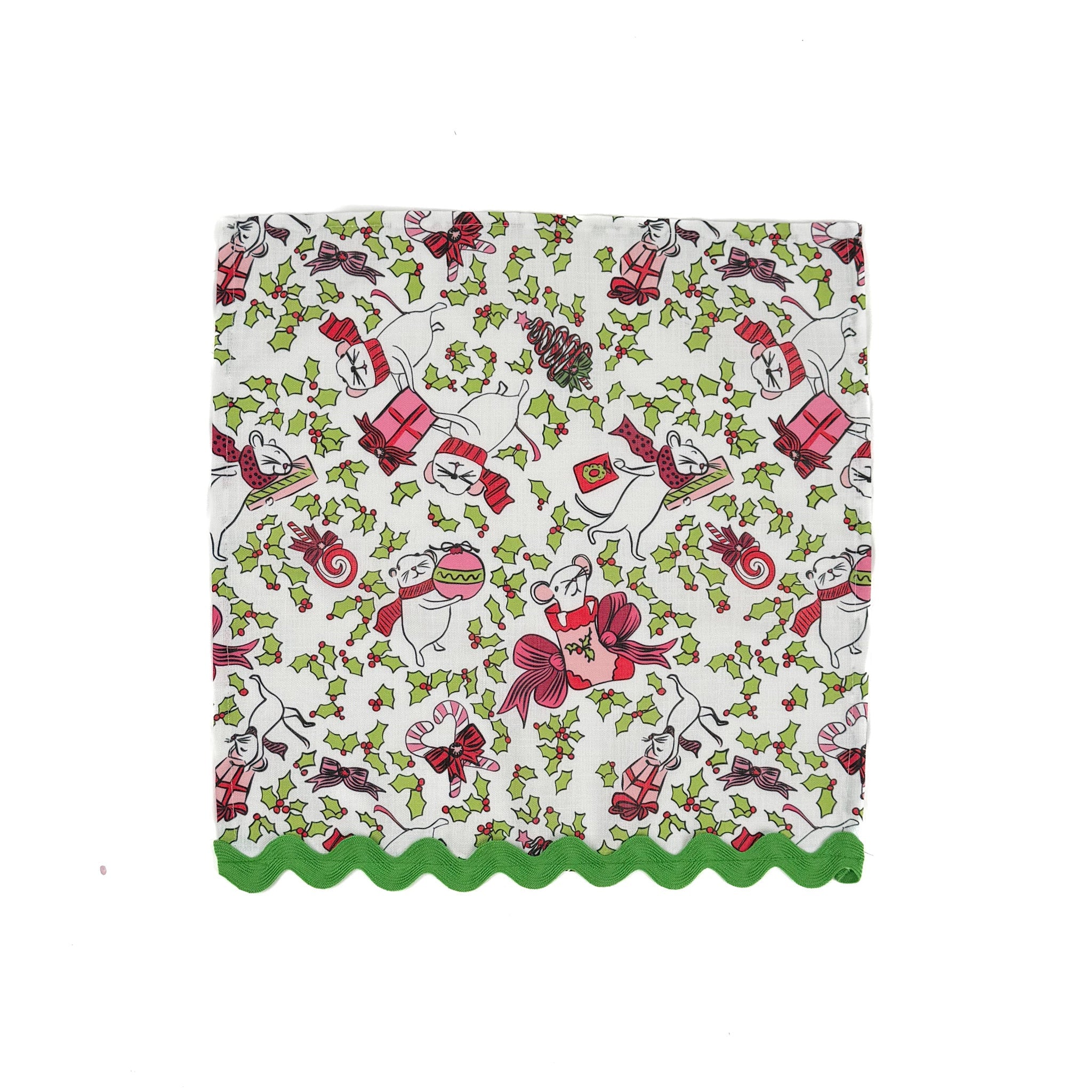Christmas Mice Cloth Dinner Napkins with Ric Rac, Set of 4
