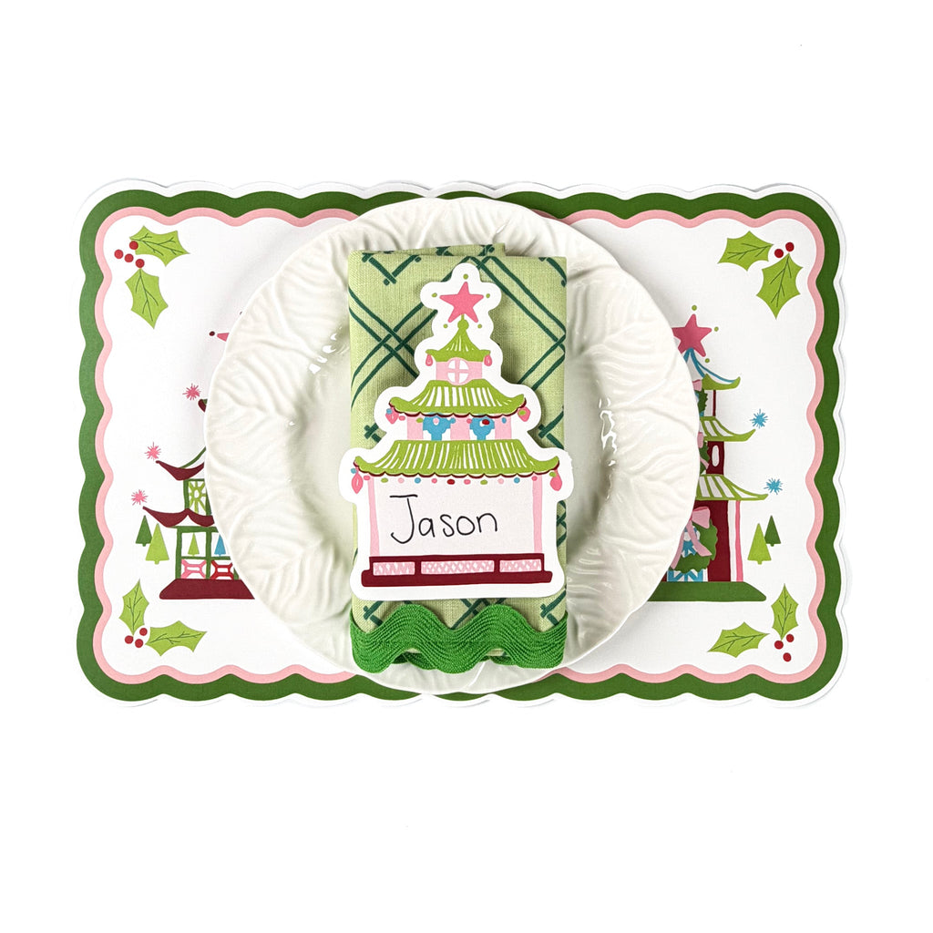 Pagodas with Wreaths Scalloped Rectangular Paper Christmas Placemats, Set of 12