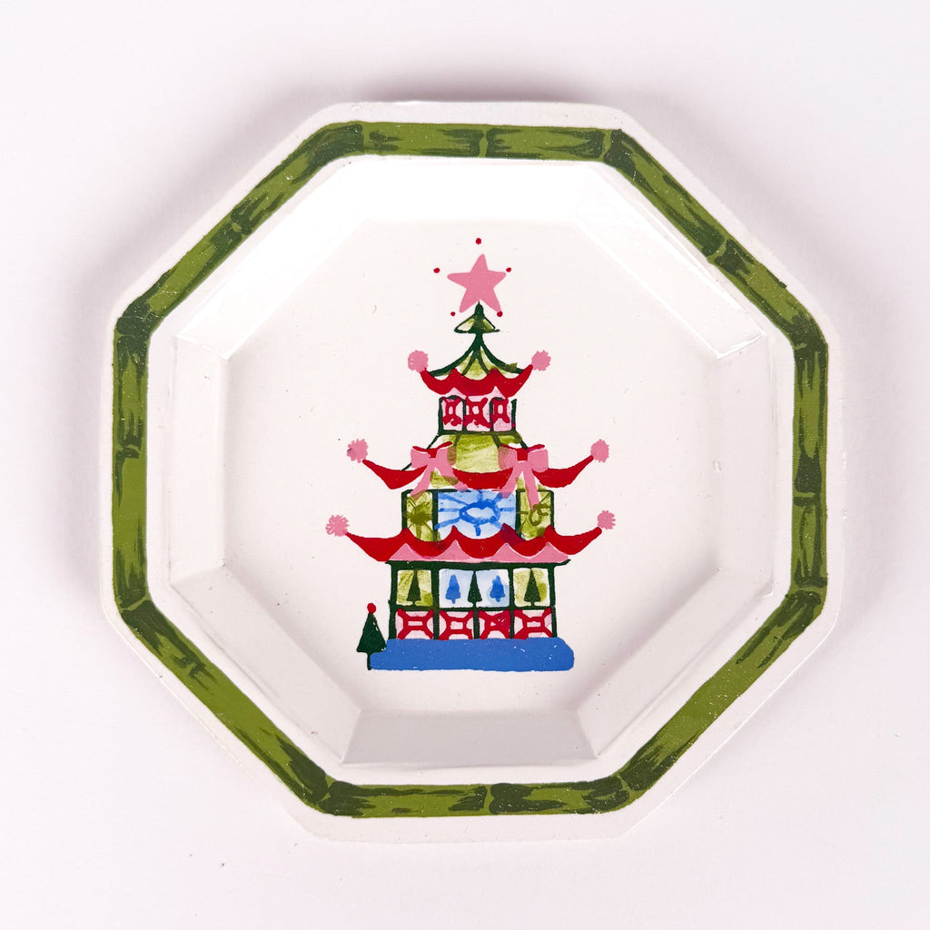 Festive Pagoda Hand-Painted Tole Metal Trinket Trays, Set of 4