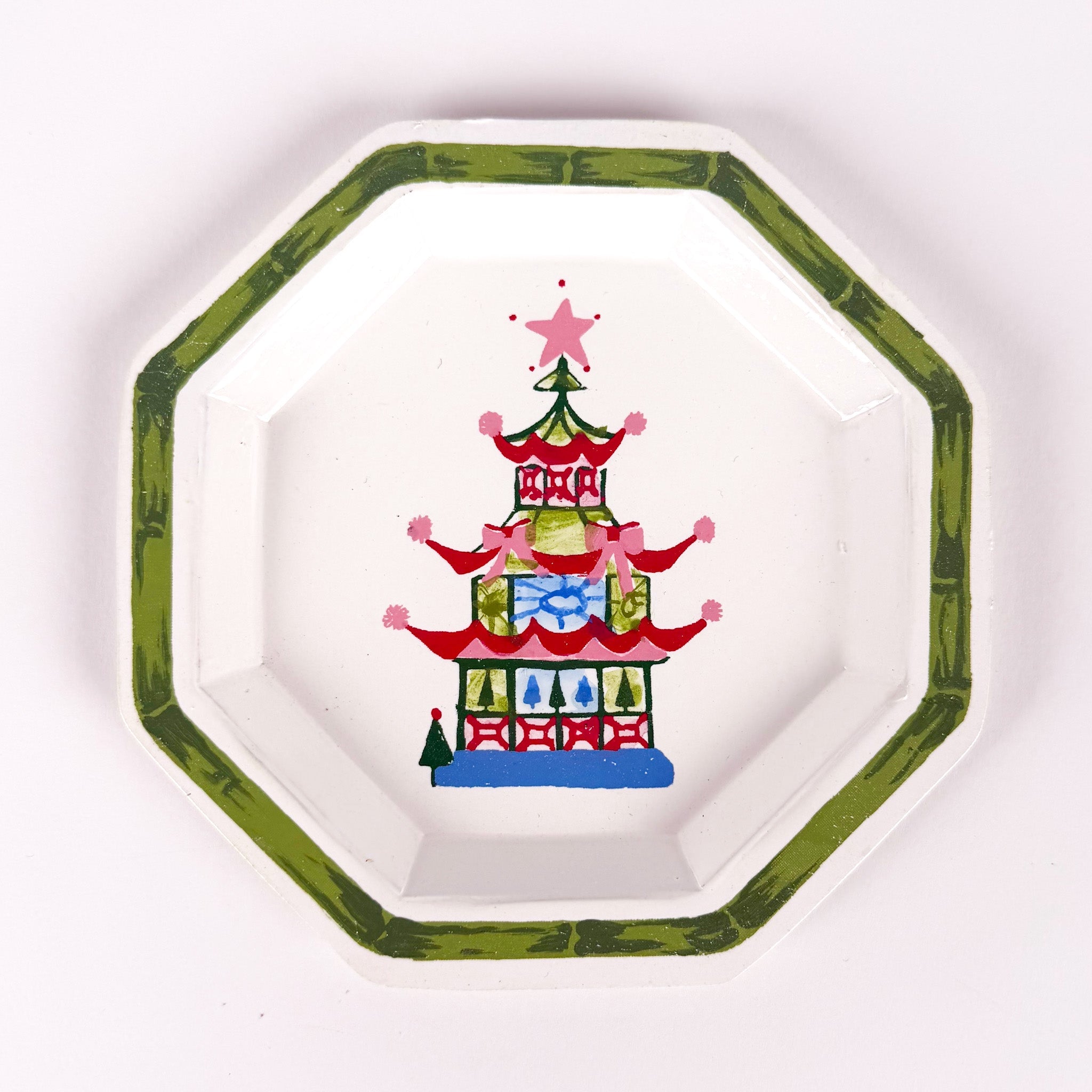 Festive Pagoda Hand-Painted Tole Metal Trinket Trays, Set of 4