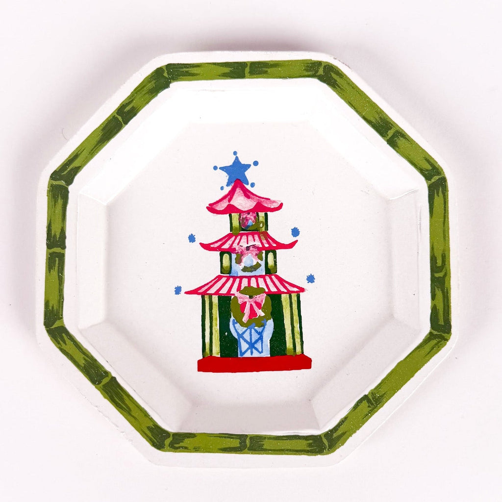 Festive Pagoda Hand-Painted Tole Metal Trinket Trays, Set of 4
