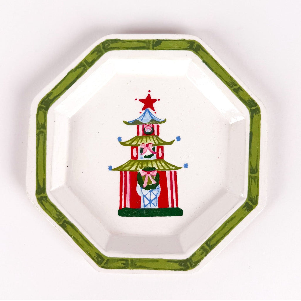 Festive Pagoda Hand-Painted Tole Metal Trinket Trays, Set of 4