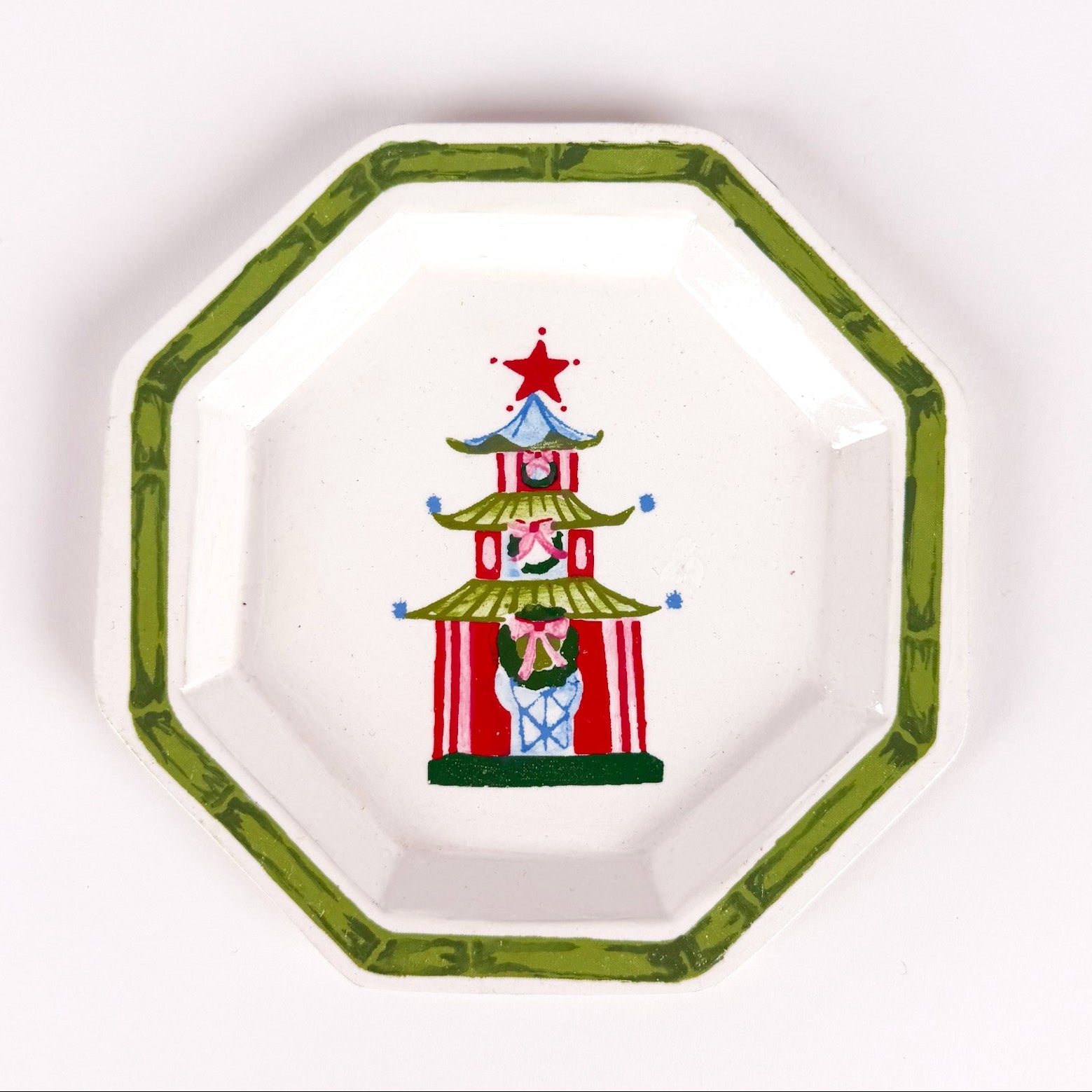 Festive Pagoda Hand-Painted Tole Metal Trinket Trays, Set of 4