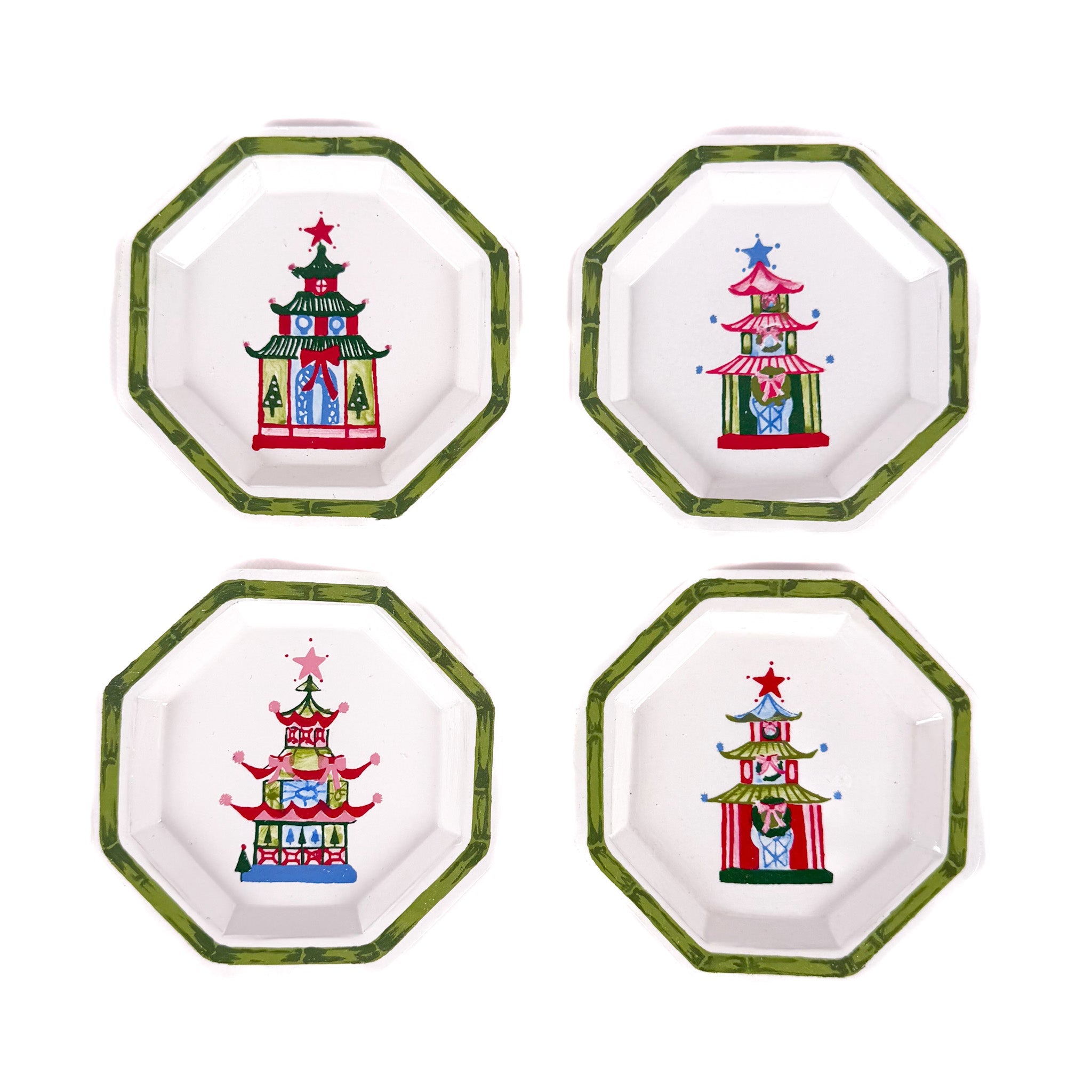 Festive Pagoda Hand-Painted Tole Metal Trinket Trays, Set of 4