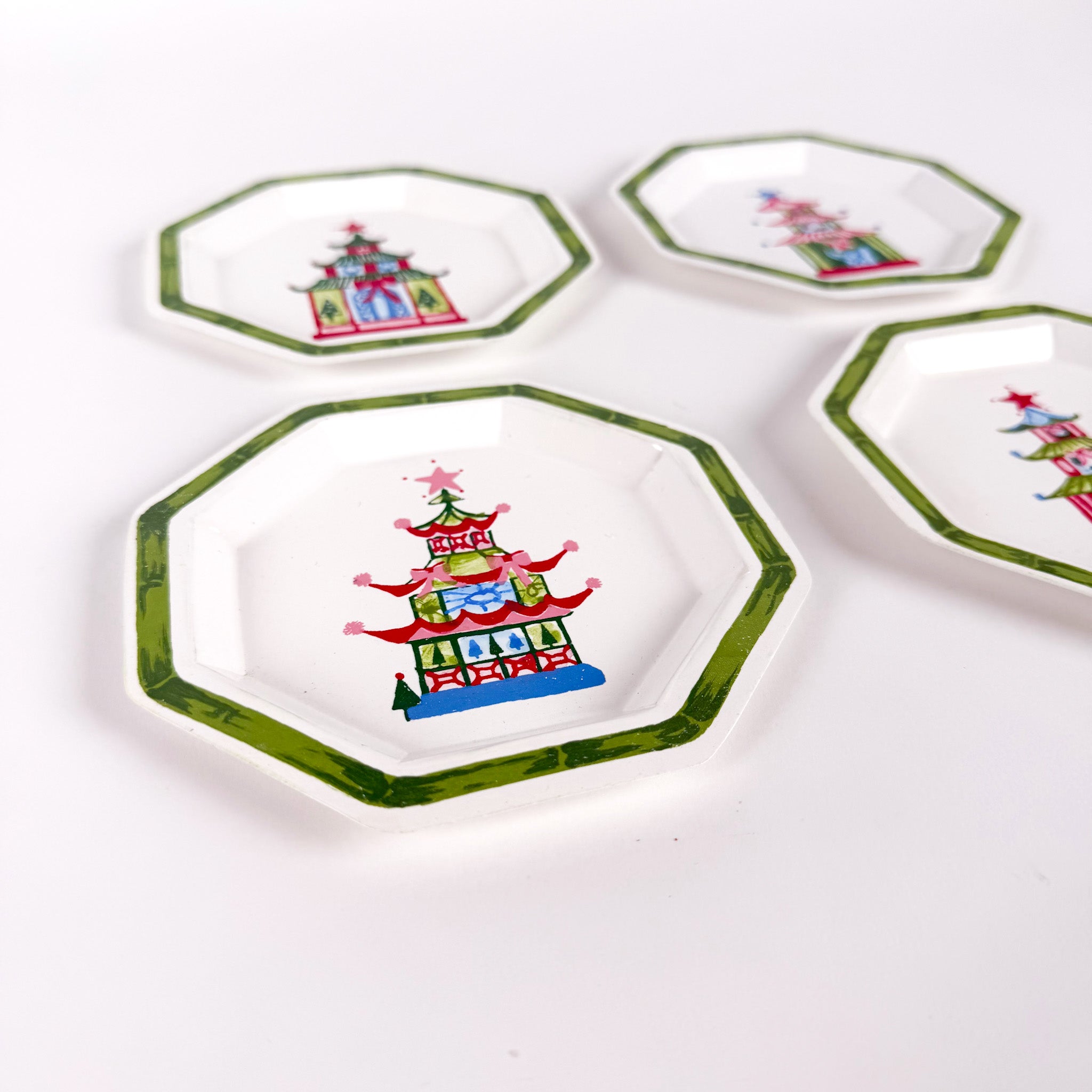 Festive Pagoda Hand-Painted Tole Metal Trinket Trays, Set of 4