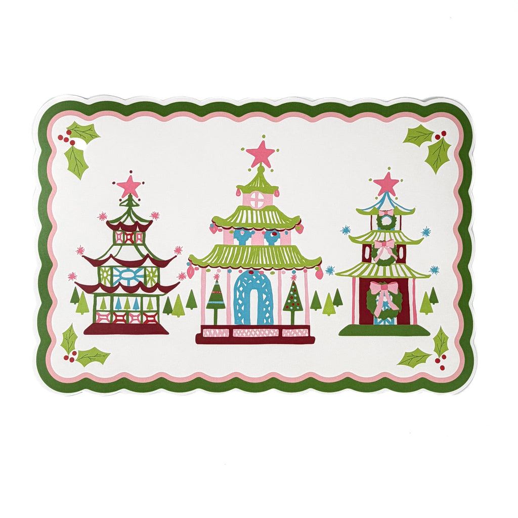 Pagodas with Wreaths Scalloped Rectangular Paper Christmas Placemats, Set of 12