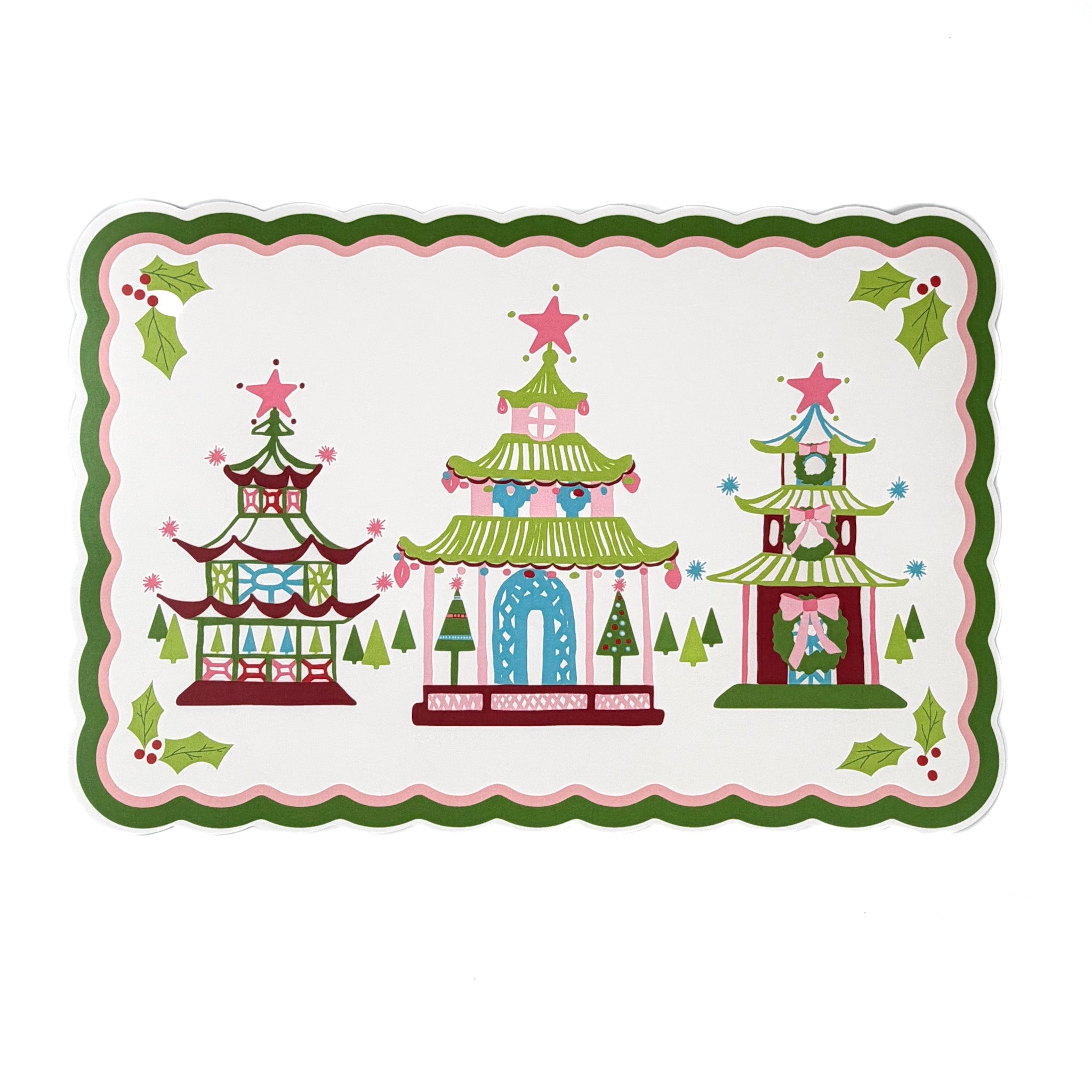 Pagodas with Wreaths Scalloped Rectangular Paper Christmas Placemats, Set of 12