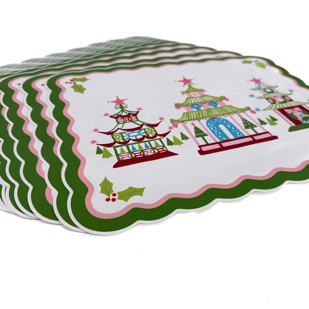 Pagodas with Wreaths Scalloped Rectangular Paper Christmas Placemats, Set of 12