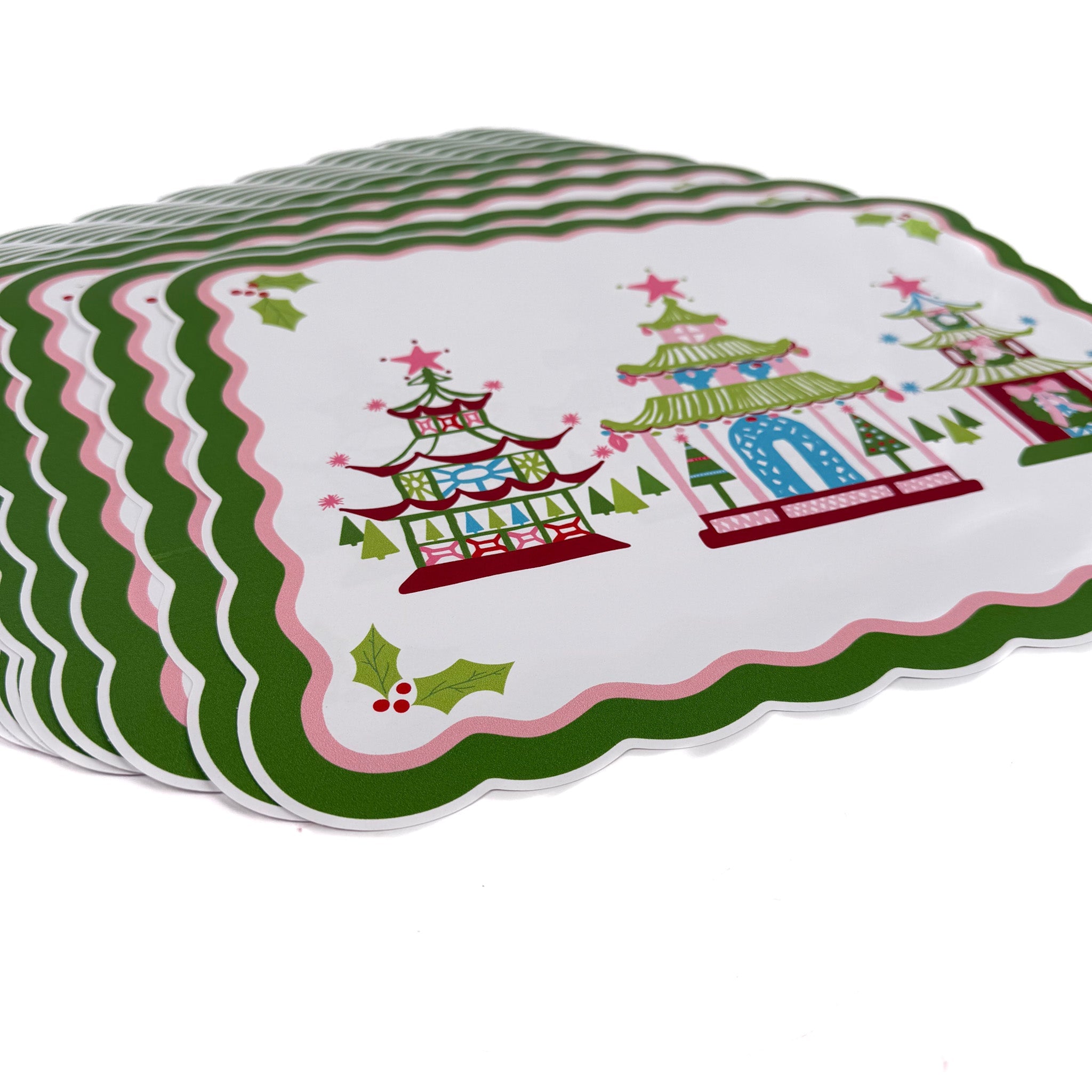 Pagodas with Wreaths Scalloped Rectangular Paper Christmas Placemats, Set of 12