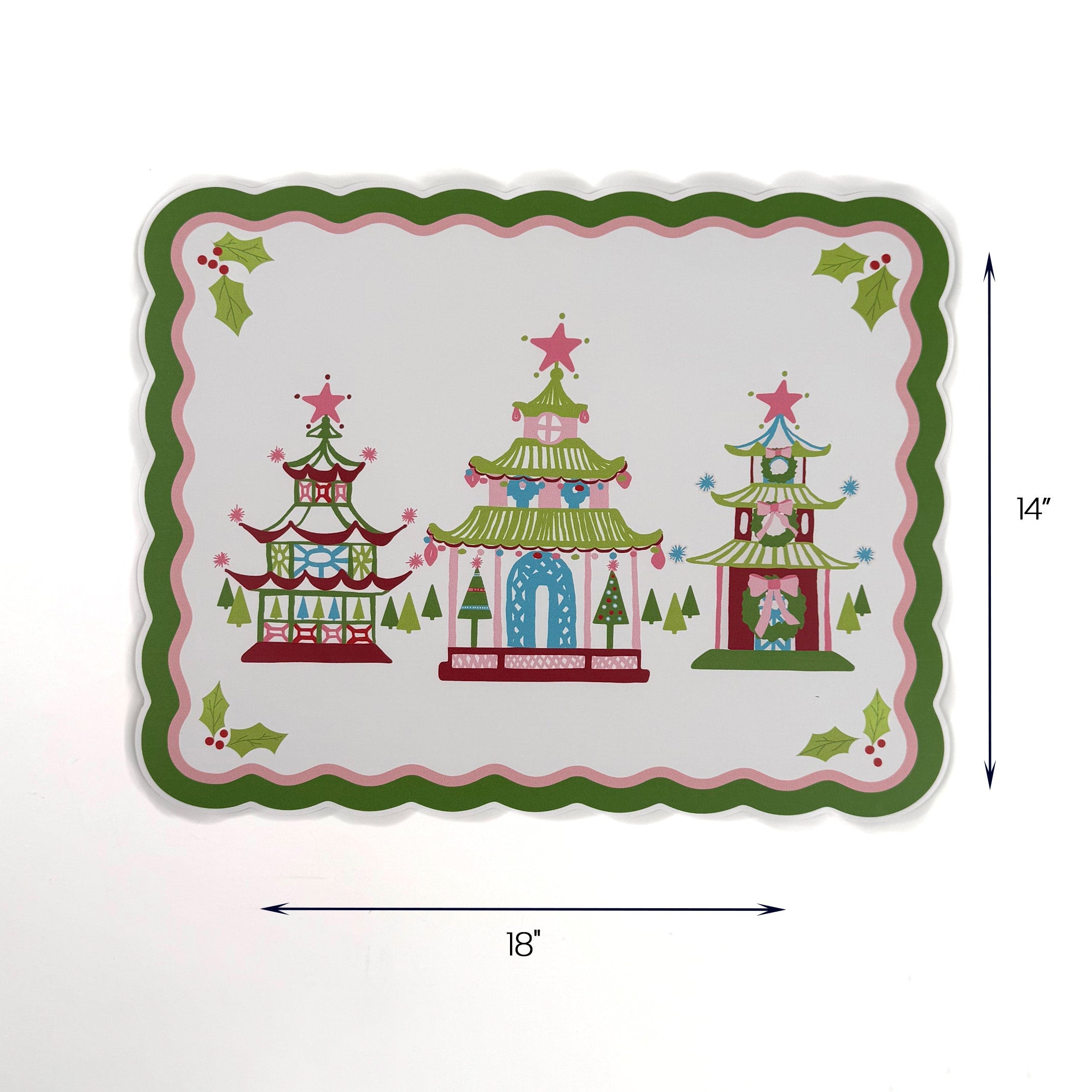 Pagodas with Wreaths Scalloped Rectangular Paper Christmas Placemats, Set of 12