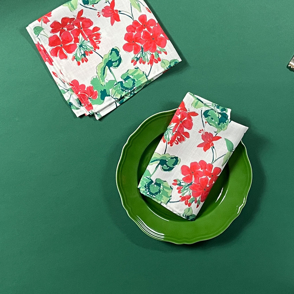 Cottage Grove Red Geranium Cloth Dinner Napkins, Set of 4