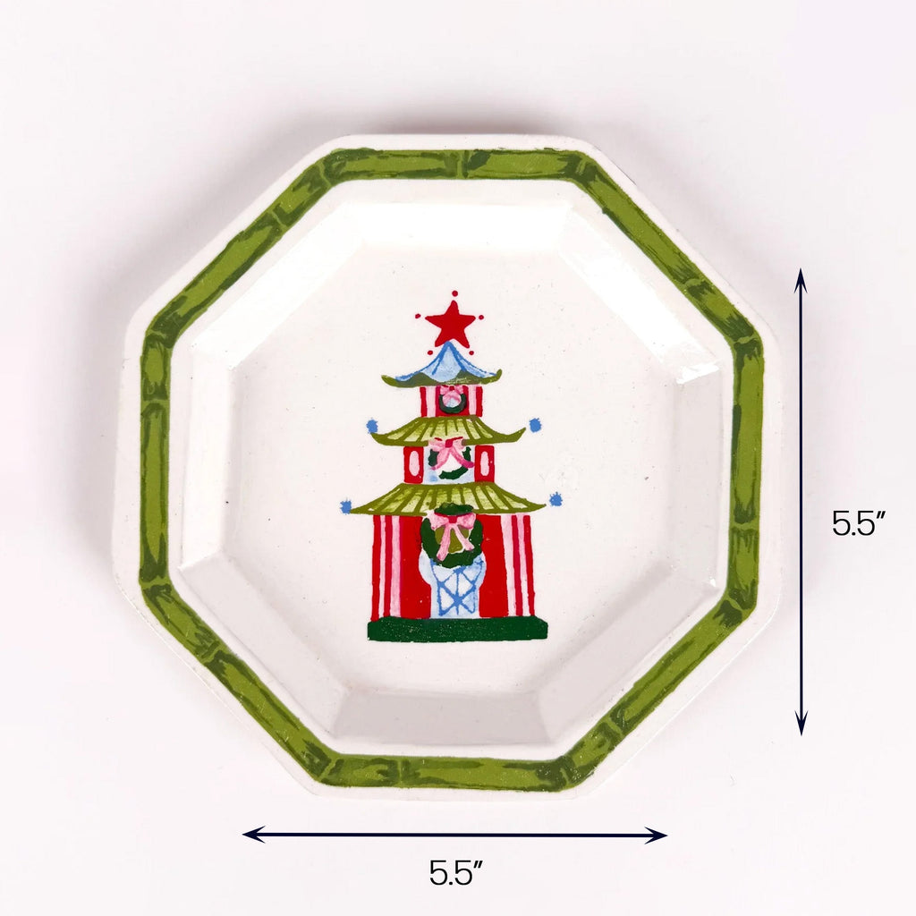 Festive Pagoda Hand-Painted Tole Metal Trinket Trays, Set of 4