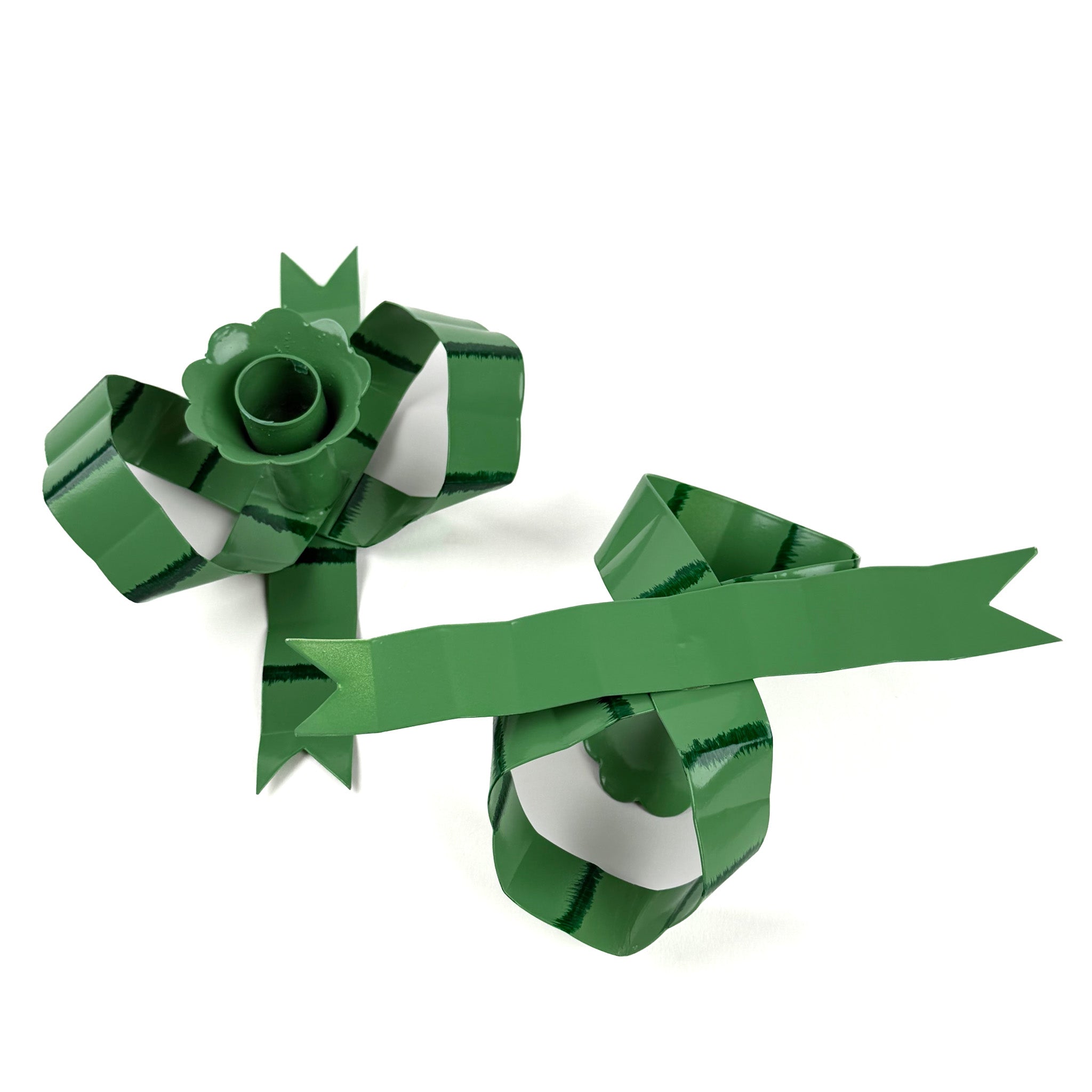 Hand-Painted Tole Metal Green Bow Candle Holders, Set of 2