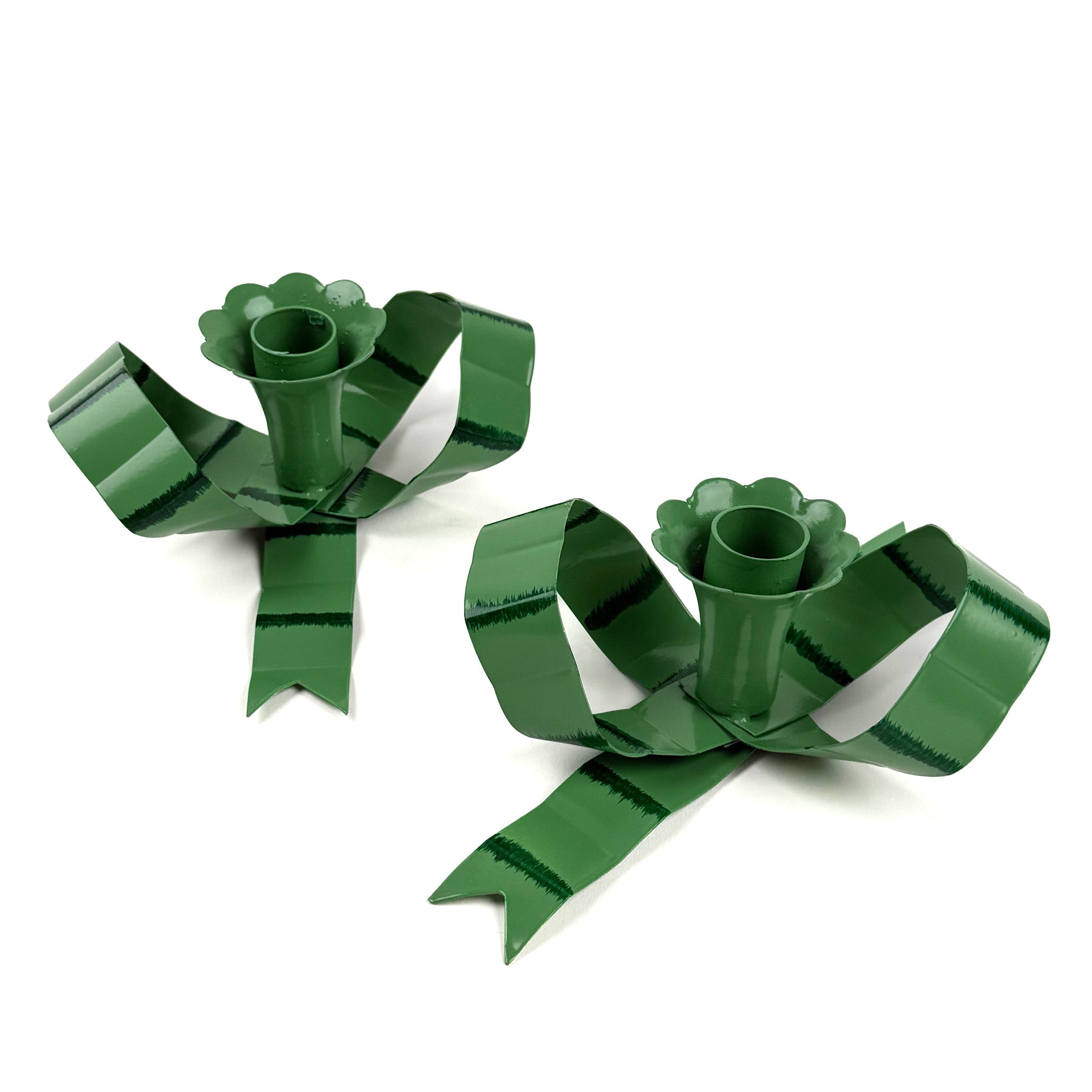 Hand-Painted Tole Metal Green Bow Candle Holders, Set of 2