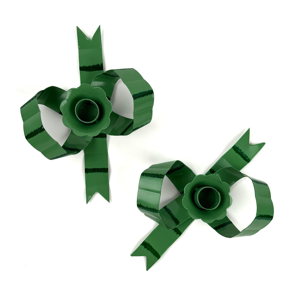 Hand-Painted Tole Metal Green Bow Candle Holders, Set of 2