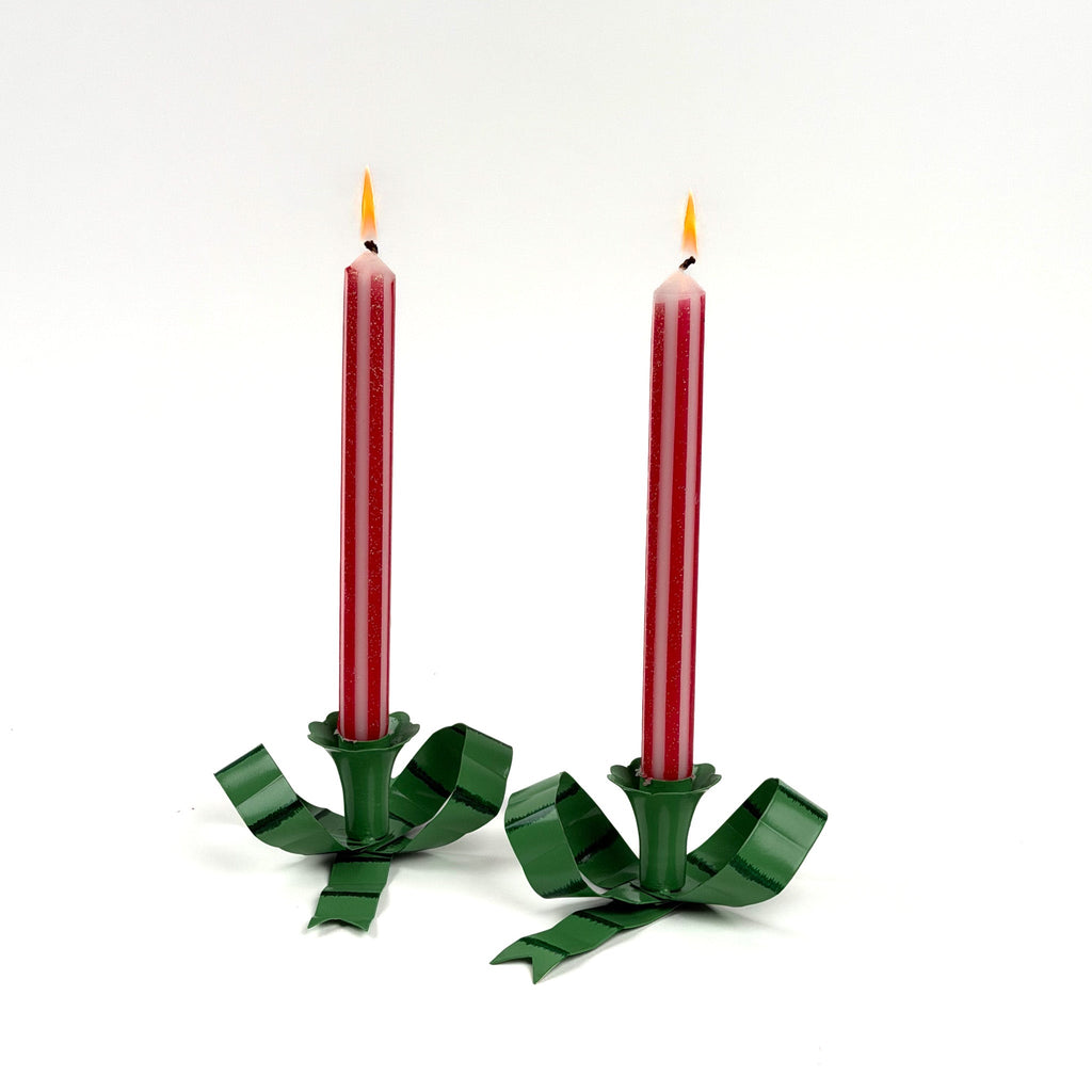 Hand-Painted Tole Metal Green Bow Candle Holders, Set of 2