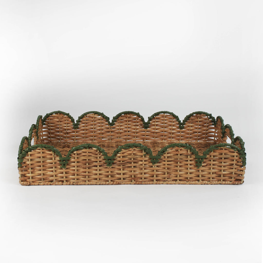 Scalloped Hand-Painted Rattan Tray - Green
