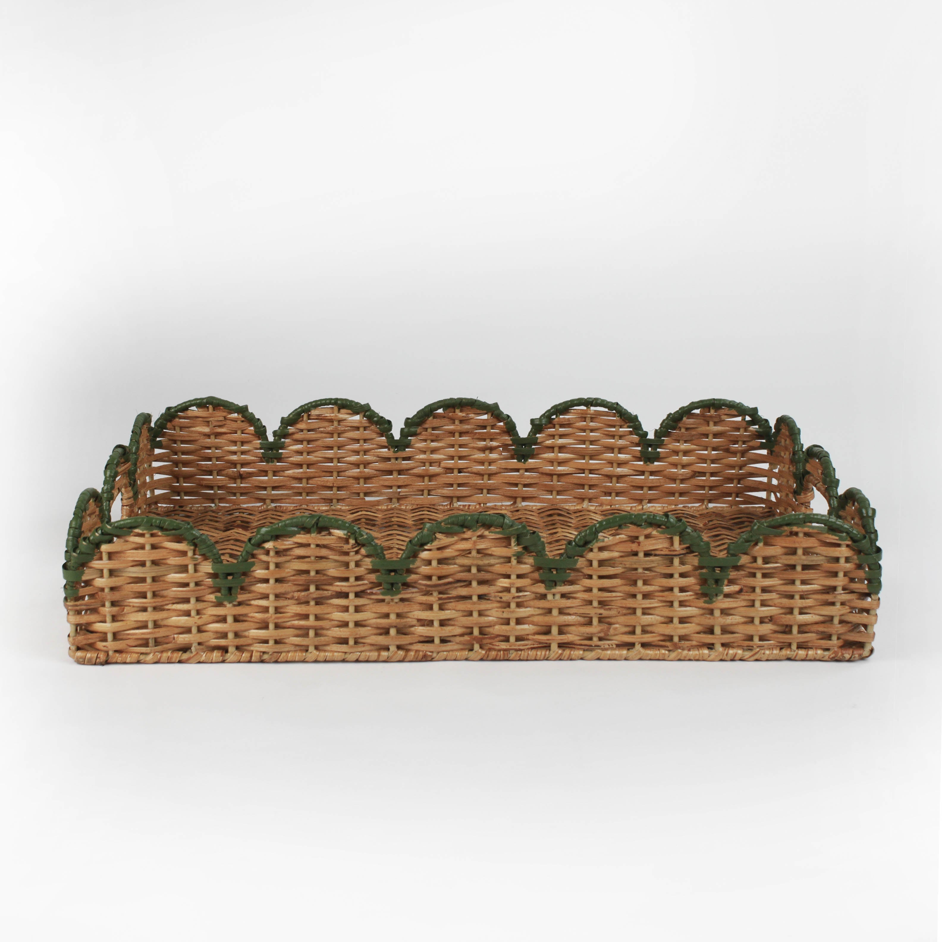 Scalloped Hand-Painted Rattan Tray - Green