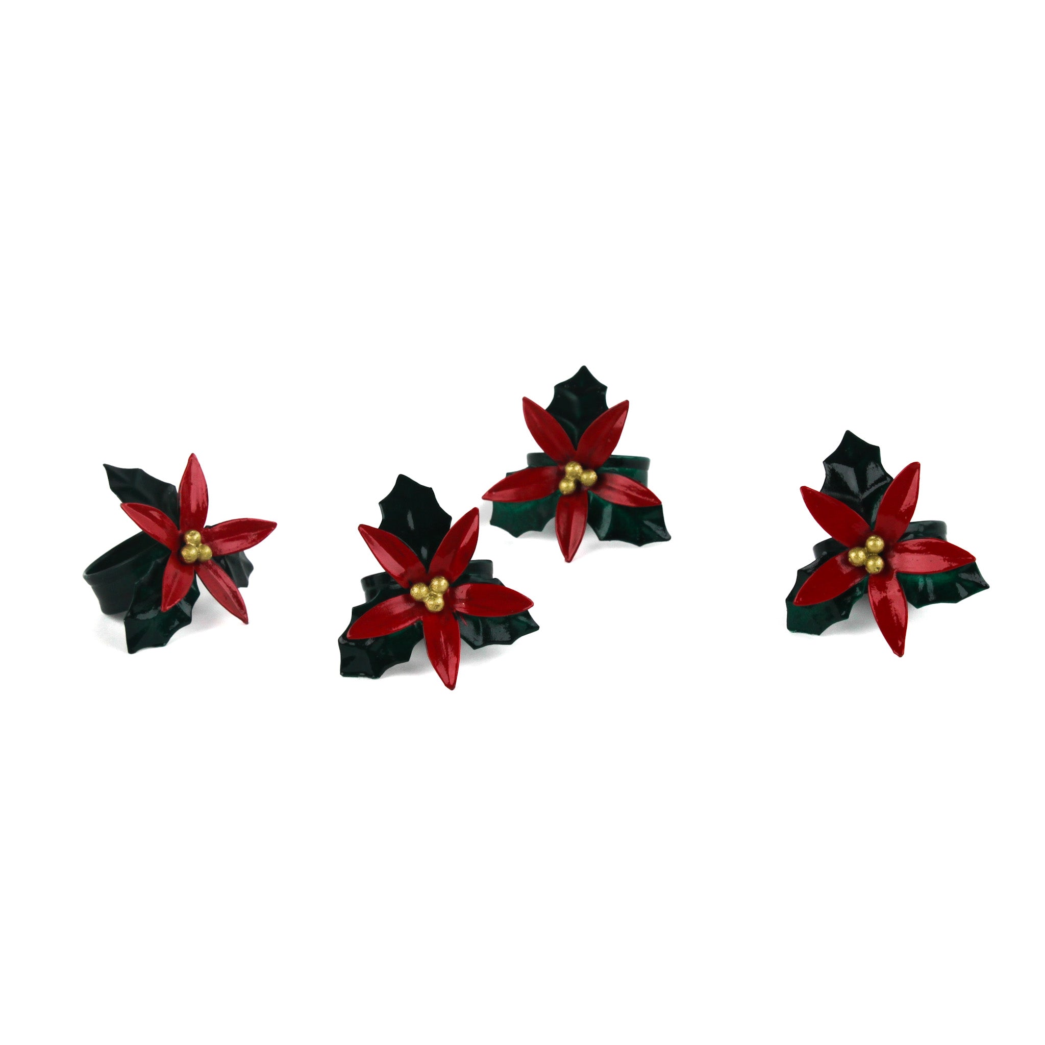 Hand-Painted Metal Poinsettia Napkin Rings, Set of 4