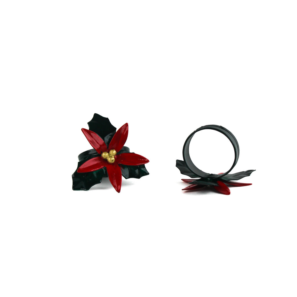 Hand-Painted Metal Poinsettia Napkin Rings, Set of 4