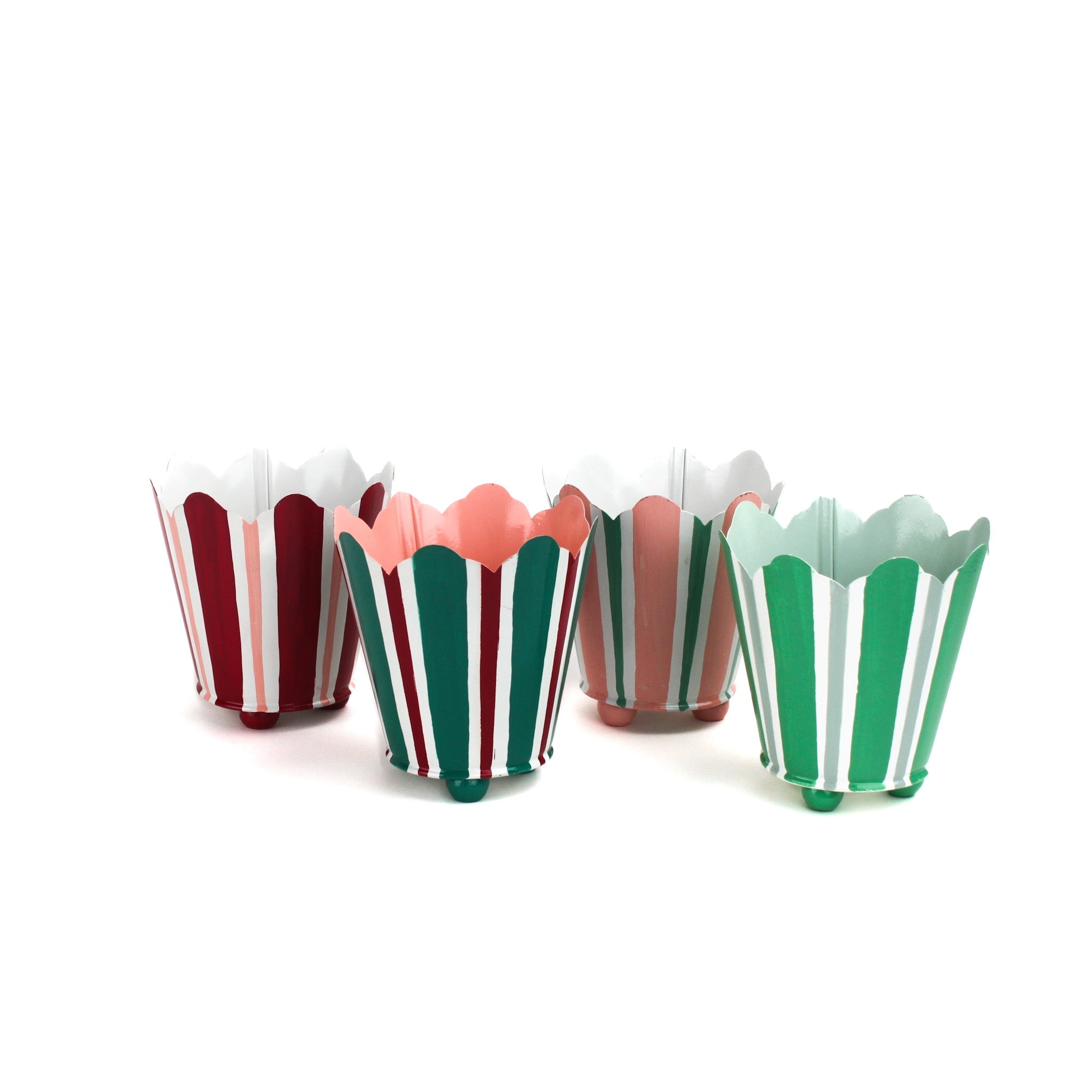 Hand-Painted Striped Scalloped Tole Cachepots - Green on Green