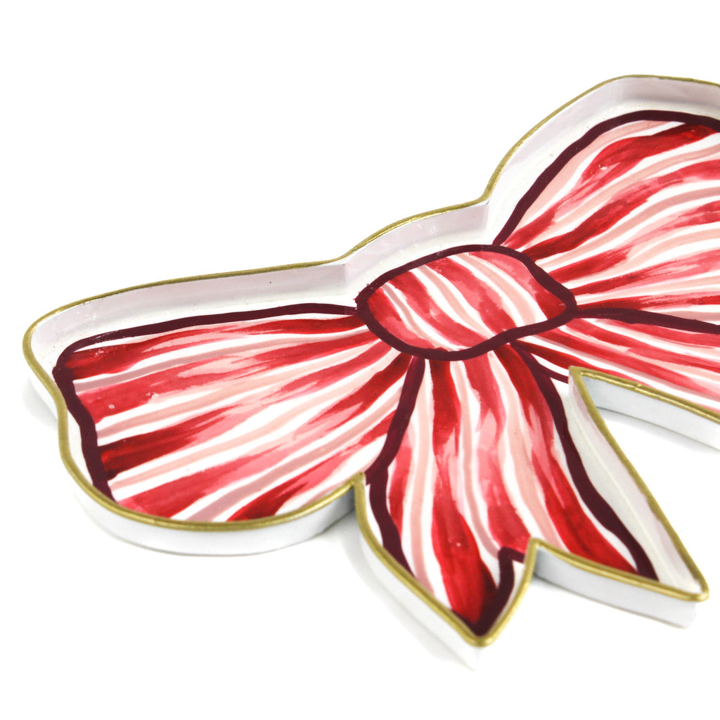 Hand-Painted Small Tole Metal Bow Tray - Red