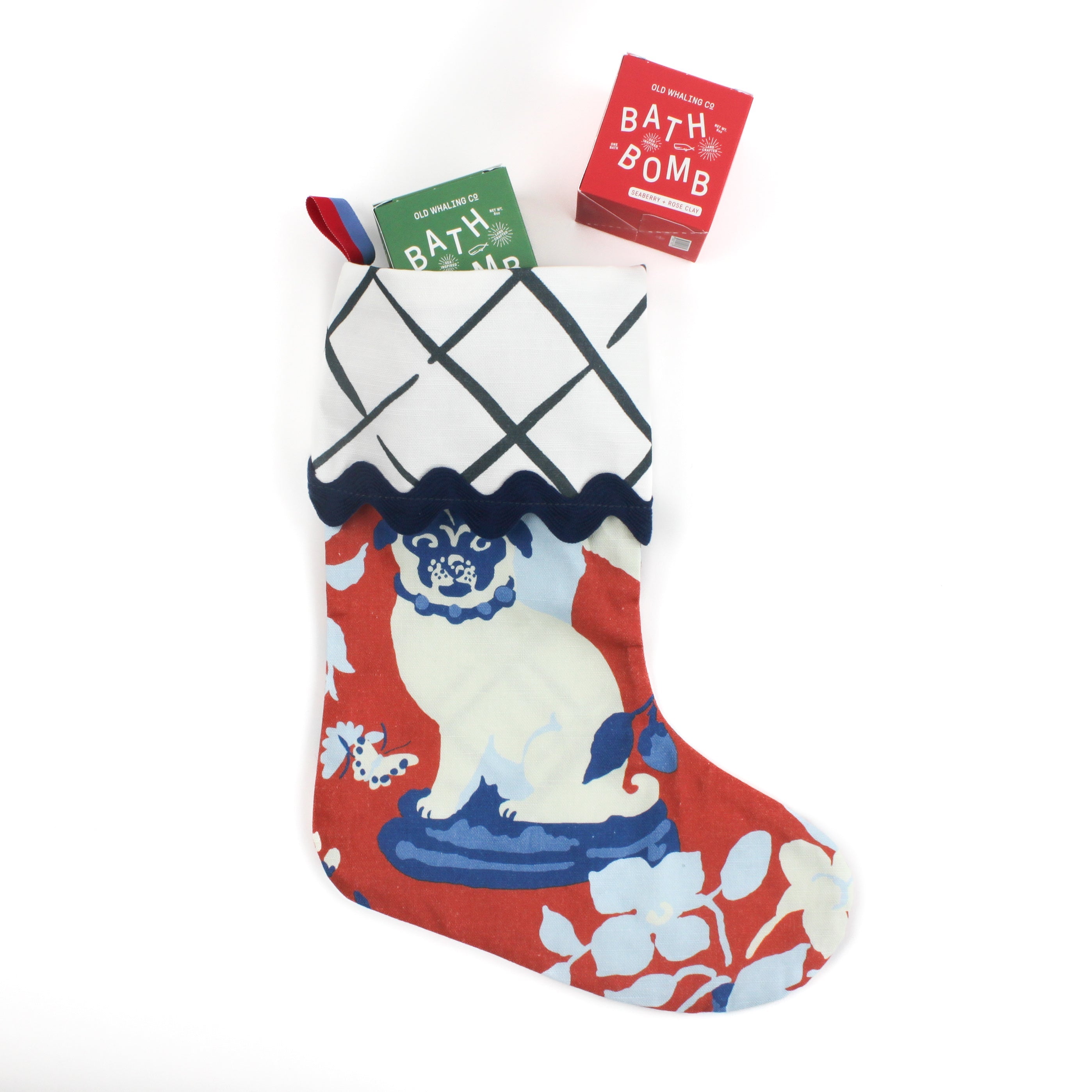 Imperial Palace Red and Blue Chinoiserie Christmas Stocking with Ric Rac