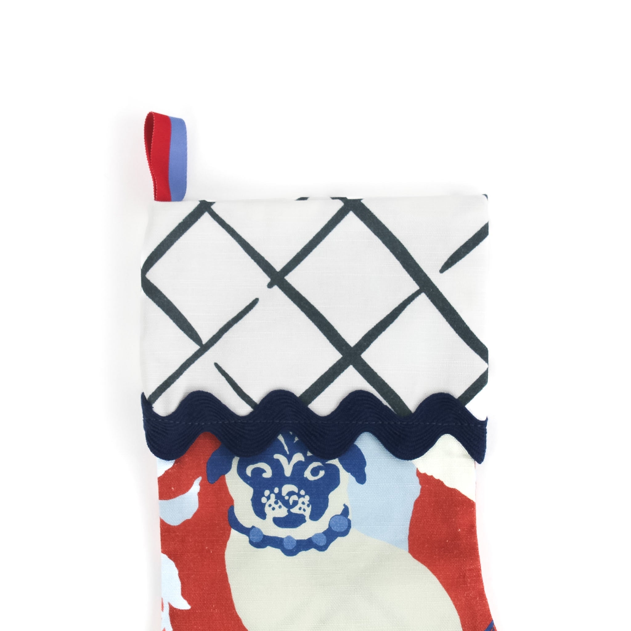 Imperial Palace Red and Blue Chinoiserie Christmas Stocking with Ric Rac