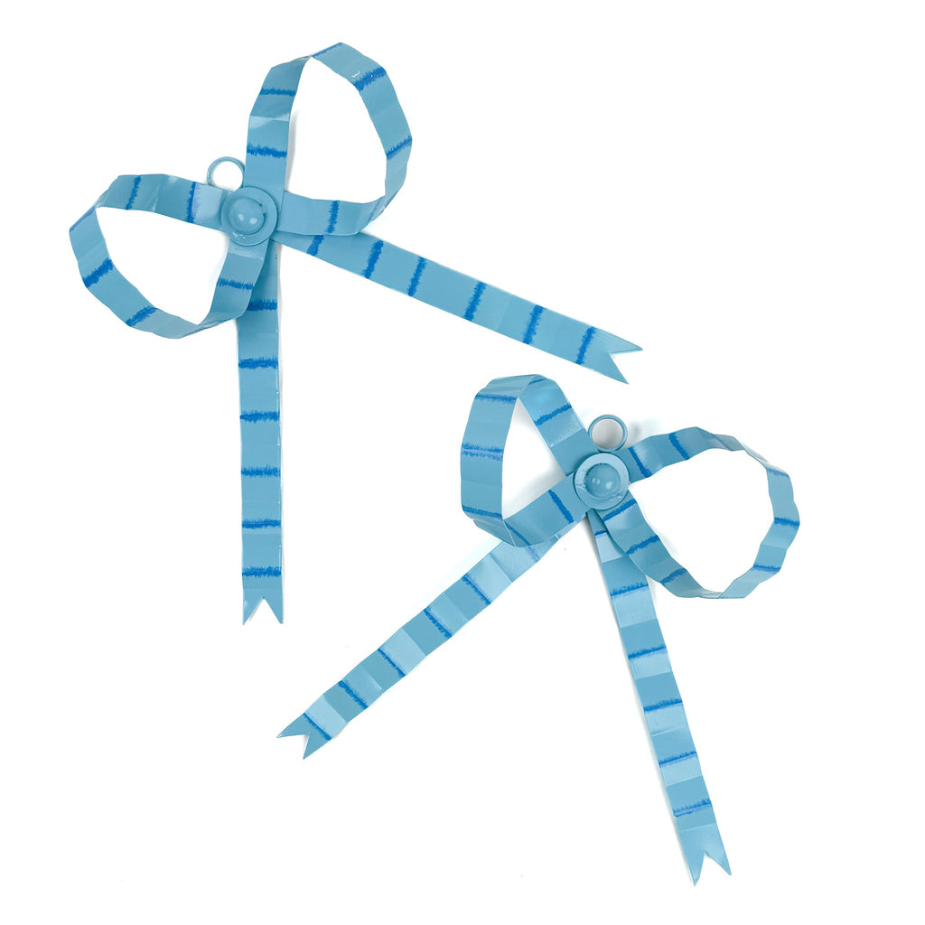 Hand-Painted Tole Large Bow Ornament - Blue, Set of 2
