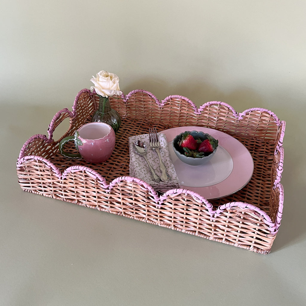 Scalloped Hand-Painted Rattan Tray With Bow - Pink