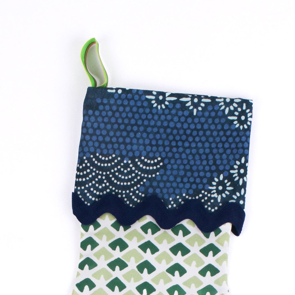 Old Jaipur Green and Blue Christmas Stocking with Ric Rac