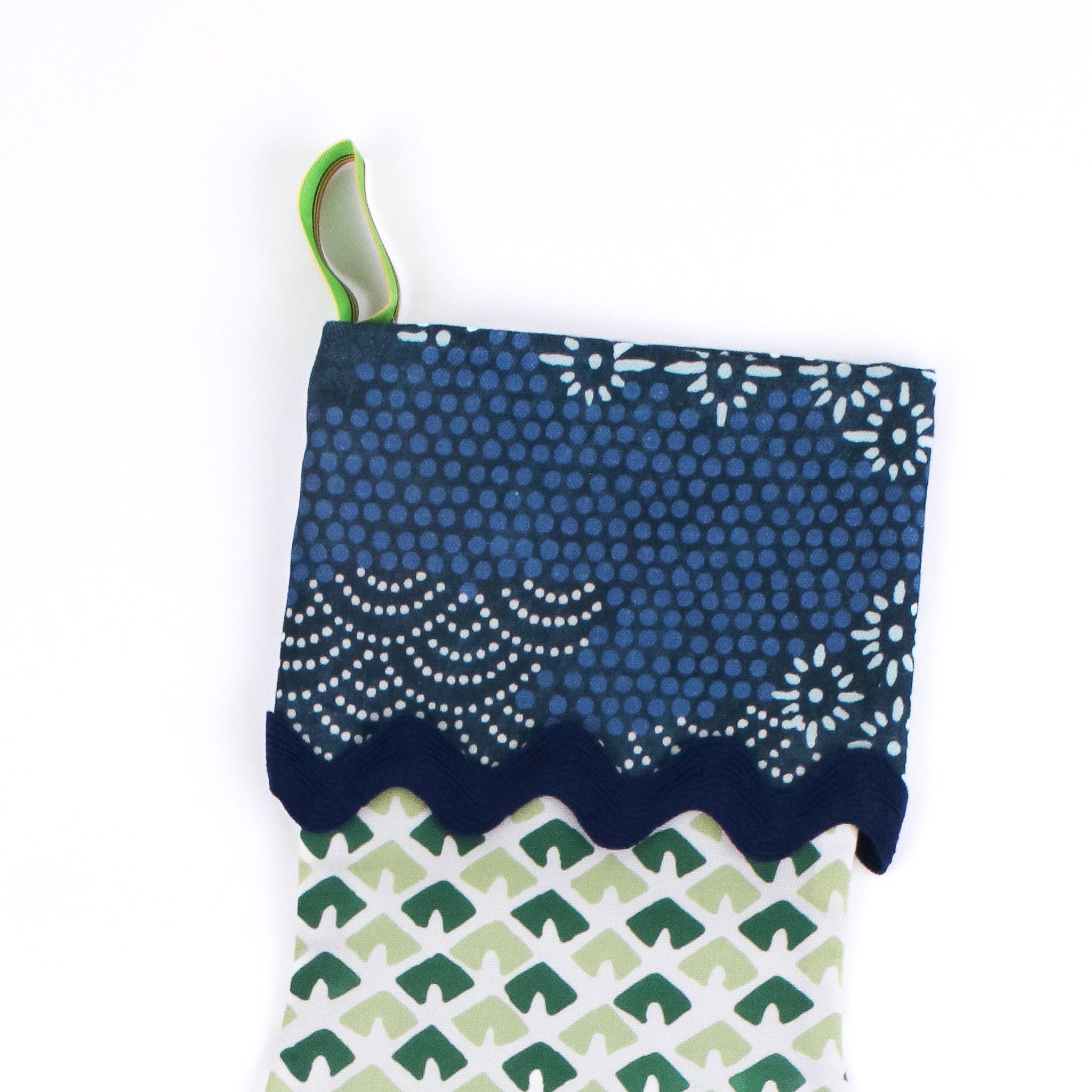 Old Jaipur Green and Blue Christmas Stocking with Ric Rac