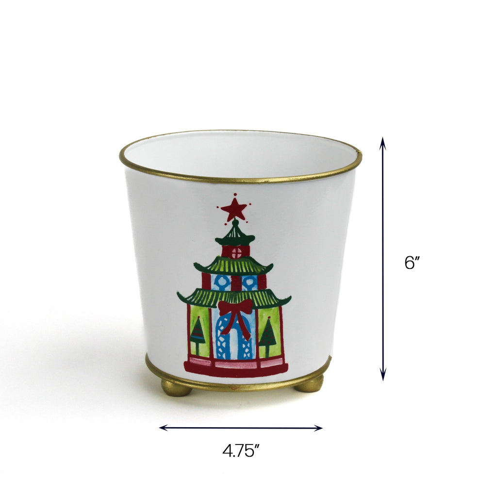 Hand-Painted Large Tole Planter - Festive Pagodas