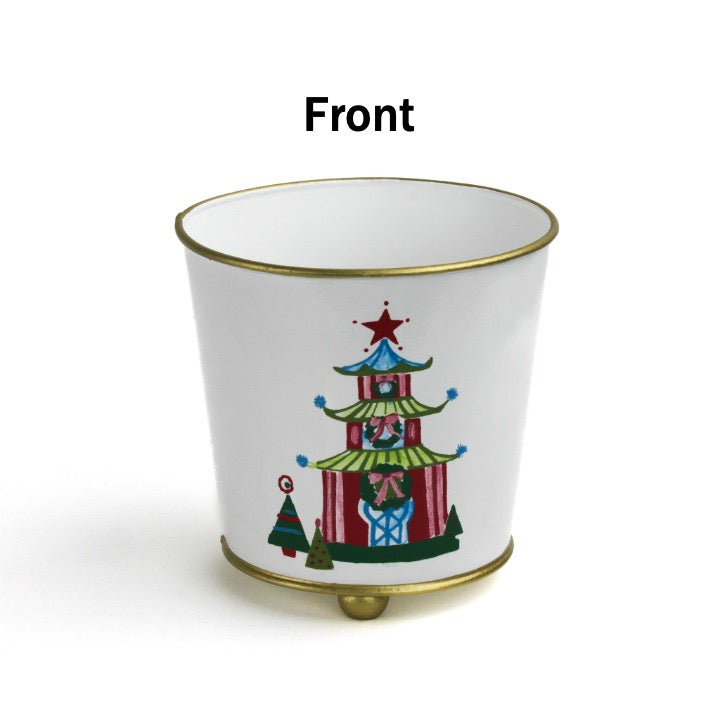 Hand-Painted Large Tole Planter - Festive Pagodas
