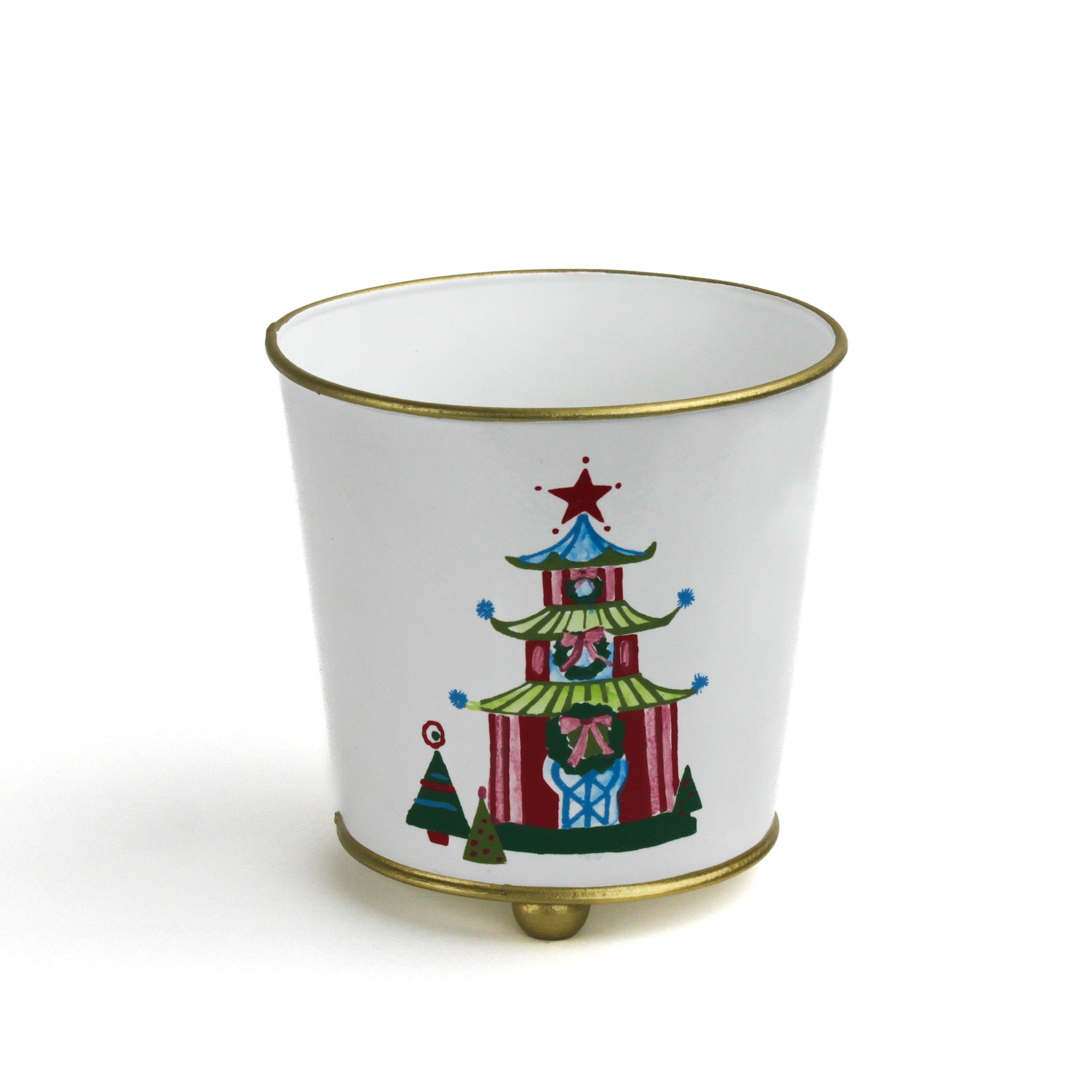 Hand-Painted Large Tole Planter - Festive Pagodas