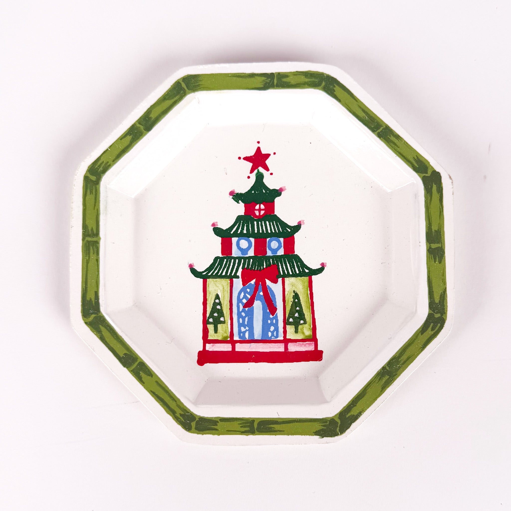 Festive Pagoda Hand-Painted Tole Metal Trinket Trays, Set of 4
