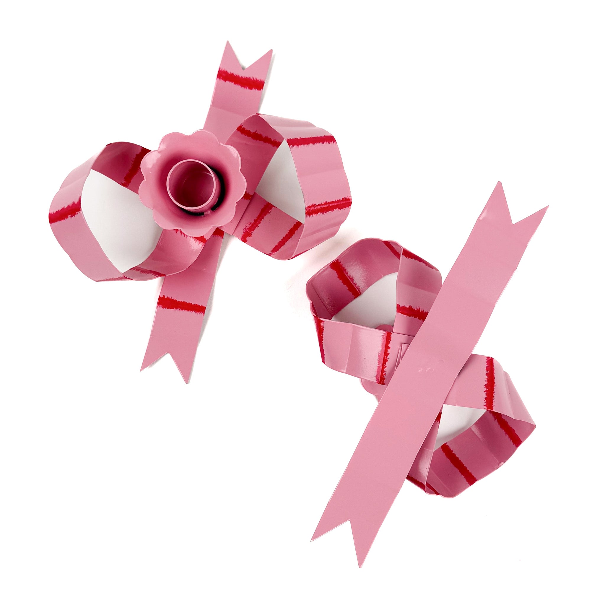 Hand-Painted Tole Metal Pink and Red Bow Candle Holders, Set of 2