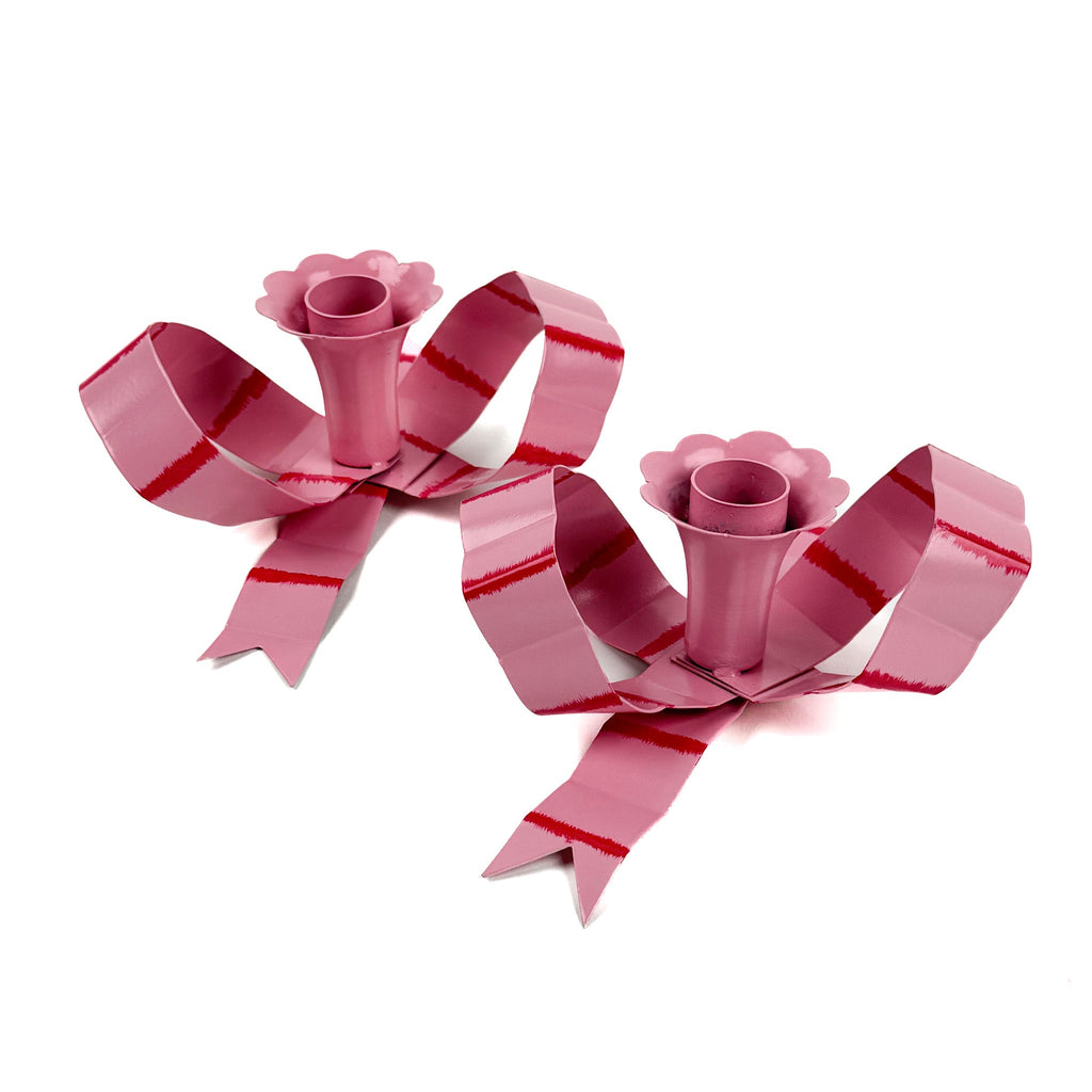 Hand-Painted Tole Metal Pink and Red Bow Candle Holders, Set of 2