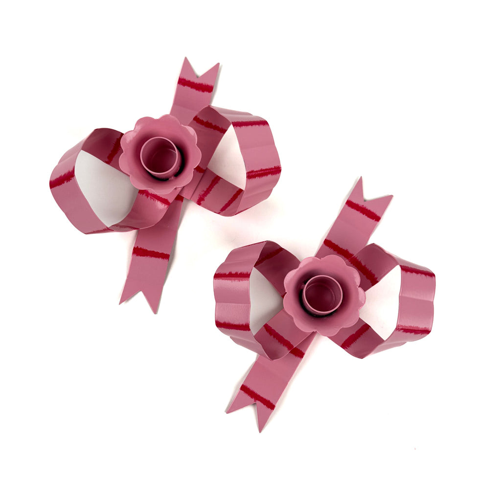Hand-Painted Tole Metal Pink and Red Bow Candle Holders, Set of 2