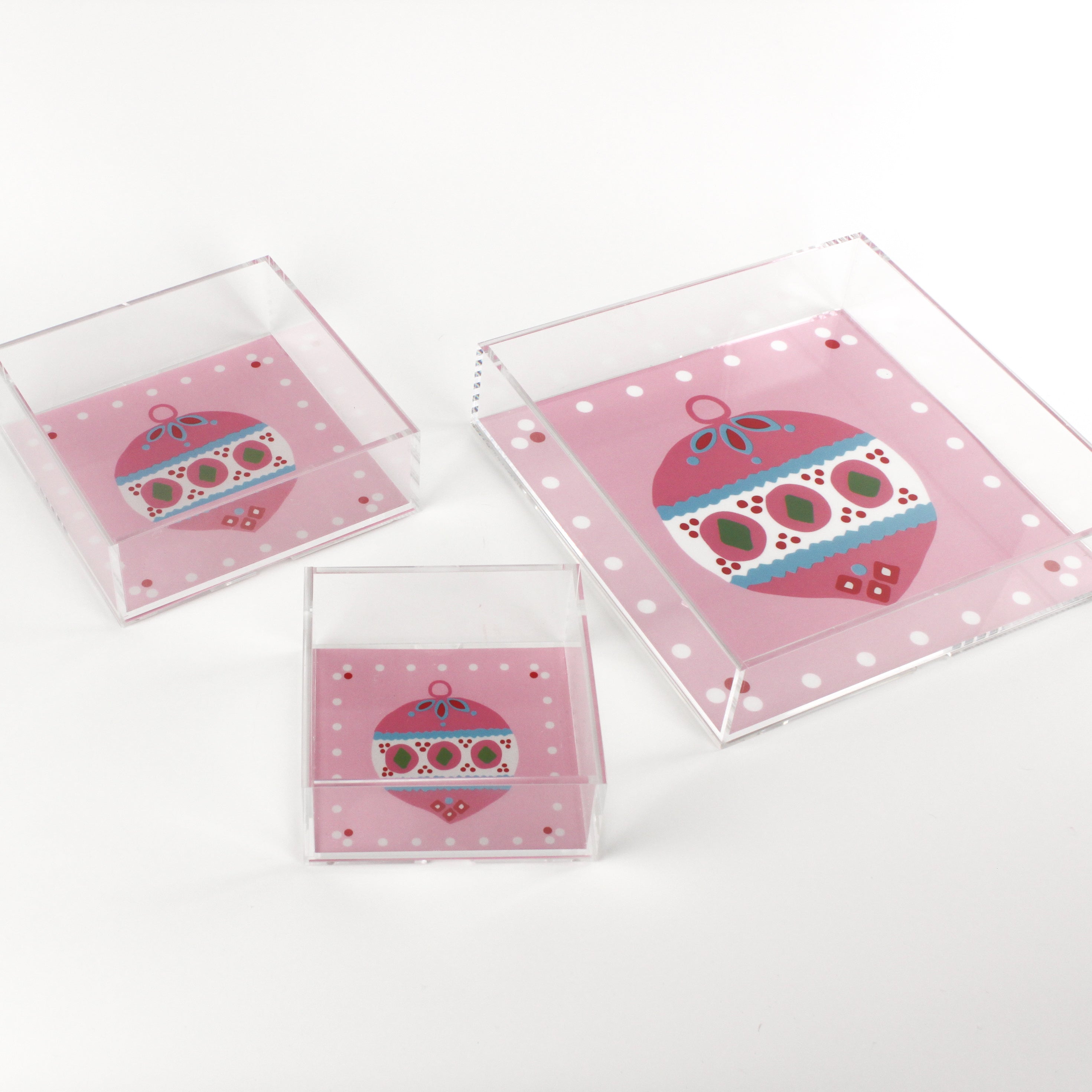 Christmas Ornament Pink Square Acrylic Trays, 3 Sizes