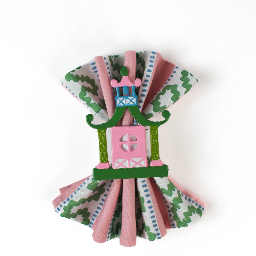 Pagoda Hand-Painted Metal Chinoiserie Napkin Rings, Set of 4