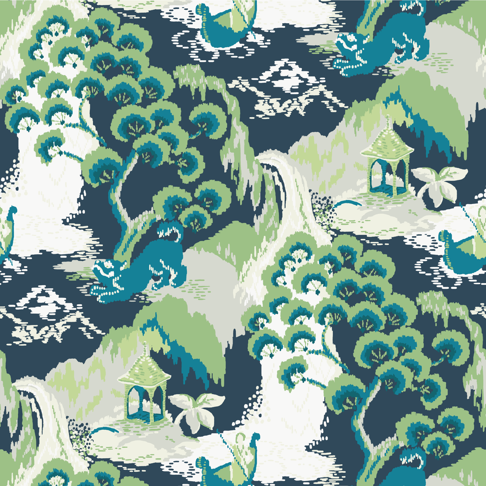 Old Peking Chinoiserie Fabric - Jungle Green