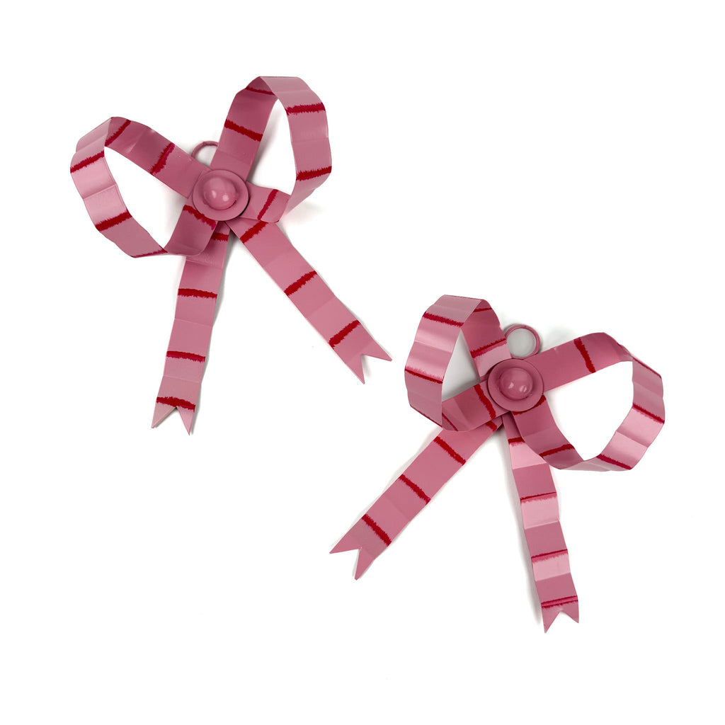 Hand-Painted Tole Small Bow Ornaments, Set of 2 - Pink and Red